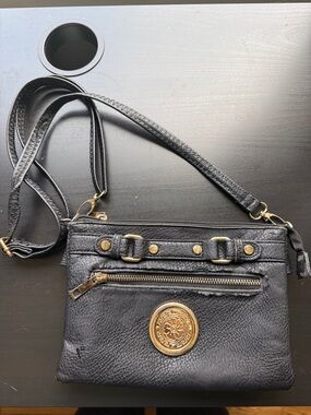 Brighton Black Leather Crossbody with Gold Medallion